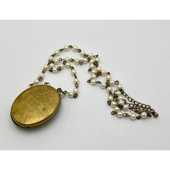 Vintage Faux Pearl Beaded Necklace with Black and Gold Oval Pendant Prong Set - Picture 3 of 8